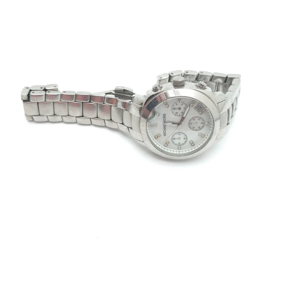Michael Kors MK-5092 Watch Womens Silver Stainless Mother of Pearl Chronograph
